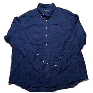 Ralph Lauren 100% Linen Shirt Mens XXL Navy Blue Relaxed Long Sleeve Preppy